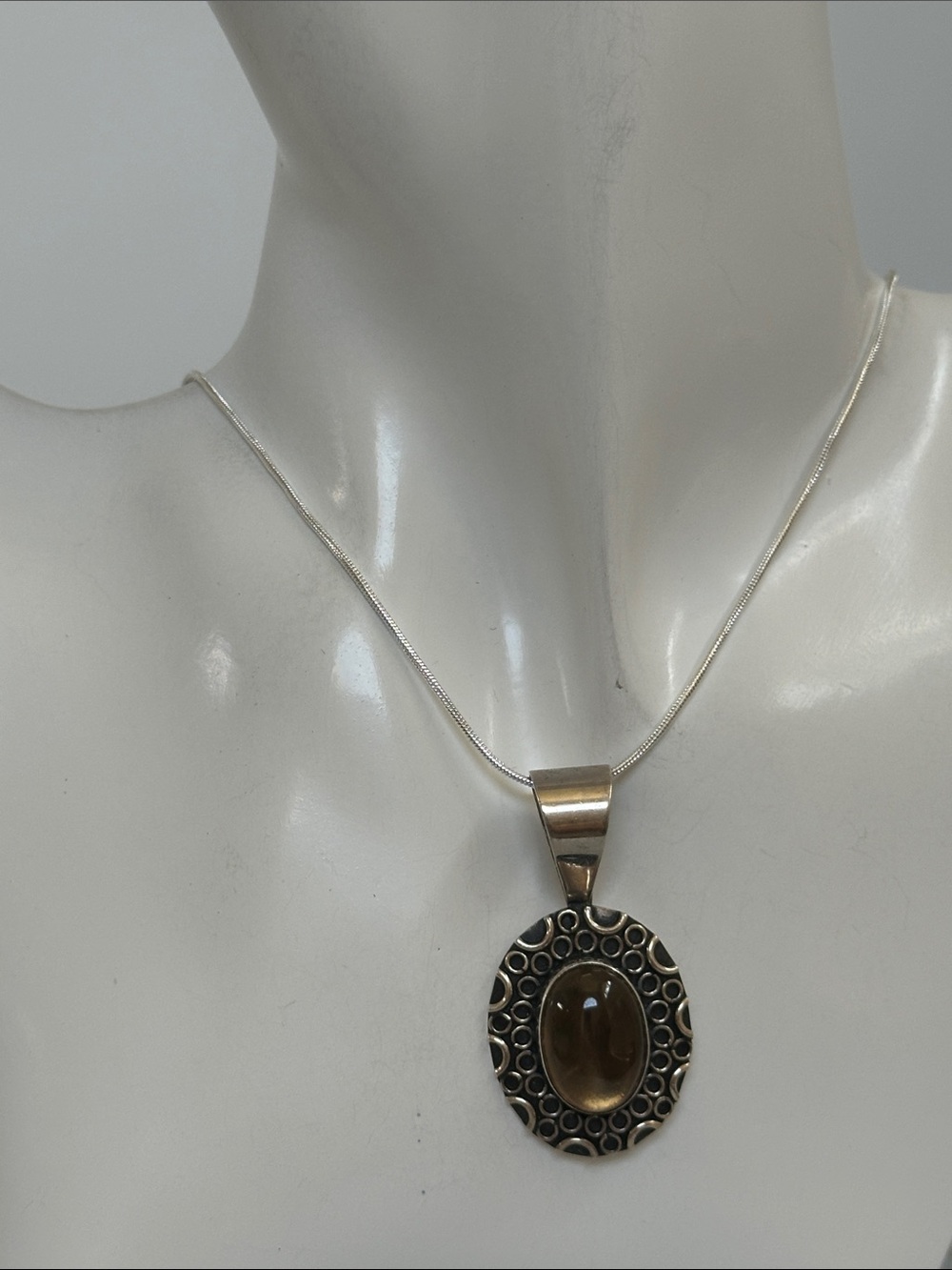 Sterling Silver Oval Brown Stone Pendant Necklace